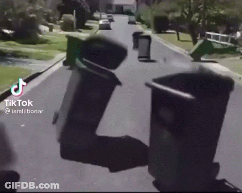 A Group Of Trash Cans Are Sitting On The Side Of A Road . GIF