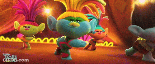 A Group Of Trolls From Trolls World Tour Are Dancing Together GIF