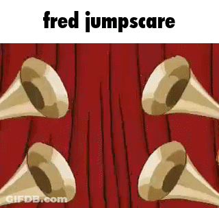 A Group Of Trumpets Are Playing In Front Of A Red Curtain With The Words `` Fred Jumpscare '' Written Above Them . GIF