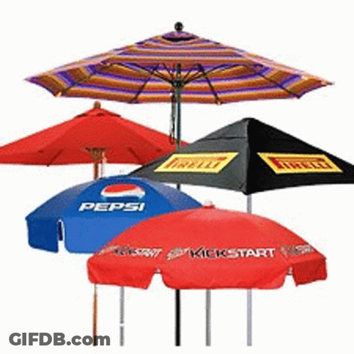A Group Of Umbrellas With Pepsi And Kickstart Written On Them GIF