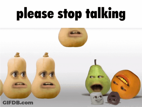 A Group Of Vegetables With Faces On Them And The Words Please Stop Talking Above Them GIF