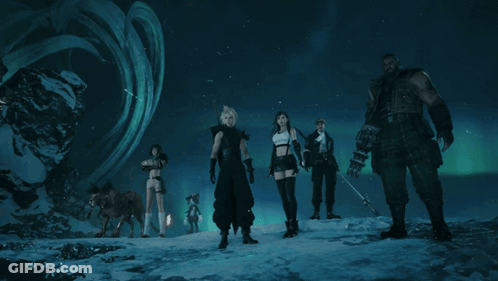 A Group Of Video Game Characters Are Standing In A Snowy Area GIF