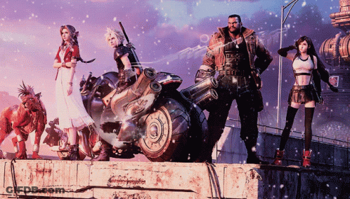 A Group Of Video Game Characters Are Standing Next To A Motorcycle GIF