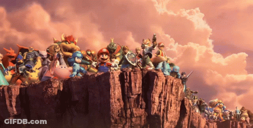 A Group Of Video Game Characters Are Standing On Top Of A Rocky Cliff GIF