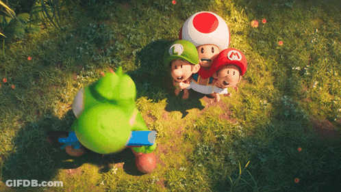 A Group Of Video Game Characters Including Yoshi And Luigi Are Standing In The Grass GIF
