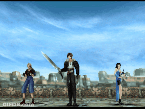 A Group Of Video Game Characters Standing Next To Each Other With One Holding A Sword GIF