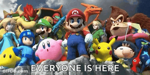 A Group Of Video Game Characters Standing Next To Each Other With The Words Everyone Is Here Below Them . GIF