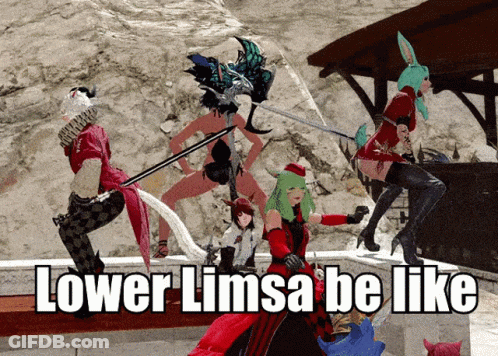 A Group Of Video Game Characters With The Words Lower Limsa Be Like On The Bottom GIF