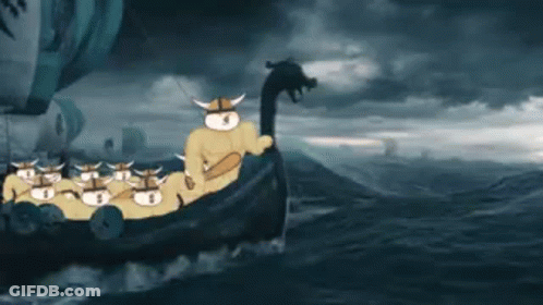 A Group Of Vikings Are Riding On The Back Of A Boat GIF