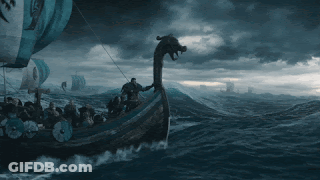 A Group Of Vikings Are Riding On The Back Of A Ship In The Ocean GIF
