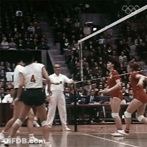 A Group Of Volleyball Players Are Playing A Game In Front Of A Crowd GIF