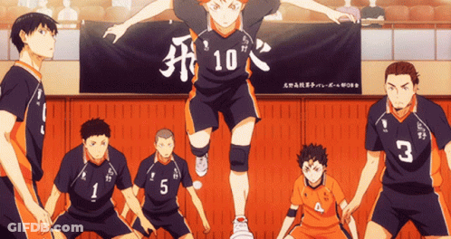 A Group Of Volleyball Players Are Standing In Front Of A Banner With The Number 10 On It GIF