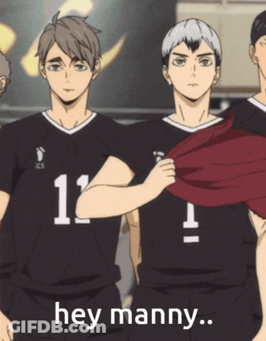 A Group Of Volleyball Players Are Standing Next To Each Other And One Of Them Says Hey Manny GIF
