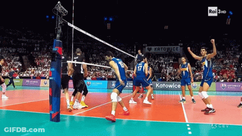 A Group Of Volleyball Players On A Court With A Sign That Says Katowice In The Background GIF