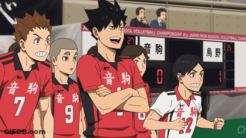A Group Of Volleyball Players Stand In Front Of A Scoreboard That Says Cool Volleyball Championship All Japan High Schoo GIF