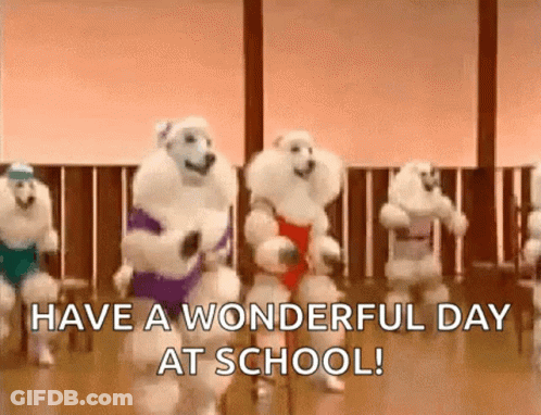 A Group Of White Poodles Are Dancing In A Gym And The Words `` Have A Wonderful Day At School '' Are Written Above Them GIF