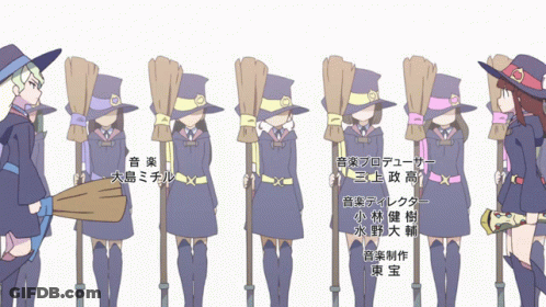 A Group Of Witches Standing Next To Each Other With Their Brooms GIF