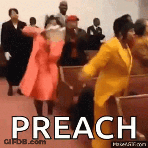 A Group Of Women Are Dancing In A Church With The Word Preach Written On The Screen . GIF