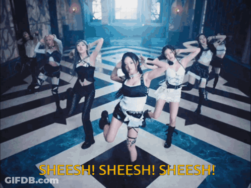 A Group Of Women Are Dancing In A Room With The Words Sheesh Written In Yellow GIF