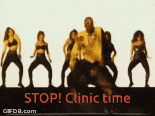 A Group Of Women Are Dancing In Front Of A Sign Which Says Stop Clinic Time GIF