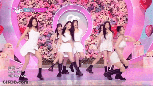 A Group Of Women Are Dancing In Front Of A Wall Of Flowers And Balloons GIF