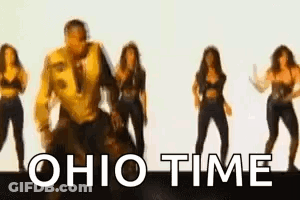 A Group Of Women Are Dancing In Front Of A White Background With The Words `` Ohio Time '' . GIF