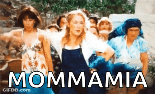 A Group Of Women Are Dancing In Front Of The Word Mammamia GIF