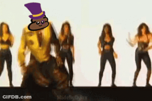 A Group Of Women Are Dancing With A Man In A Purple Top Hat GIF