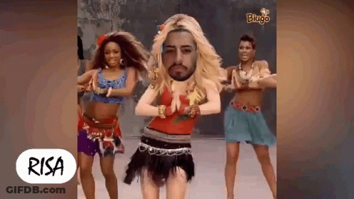 A Group Of Women Are Dancing With A Man 'S Face On Their Heads . GIF