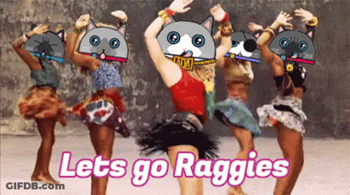 A Group Of Women Are Dancing With The Words Let 'S Go Raggies GIF