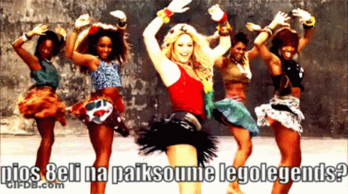 A Group Of Women Are Dancing With The Words Pios Beli Na Paiksoume Legolegends GIF