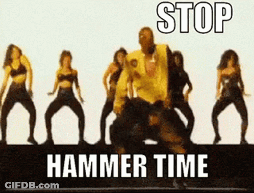 A Group Of Women Are Dancing With The Words Stop Hammer Time In The Background GIF