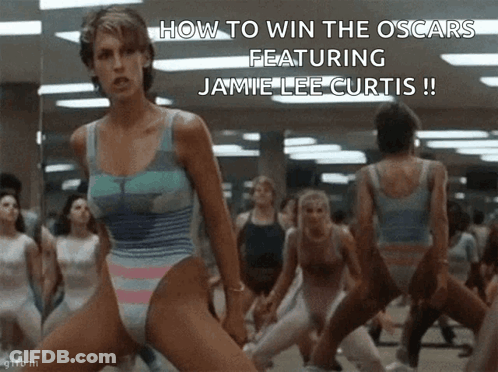 A Group Of Women Are Doing Exercises In Front Of A Mirror With The Caption How To Win The Oscars GIF
