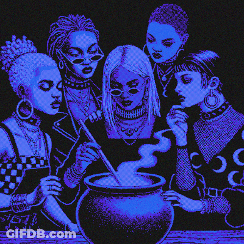 A Group Of Women Are Gathered Around A Cauldron With Smoke Coming Out Of It . GIF