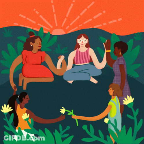 A Group Of Women Are Holding Hands In A Circle With The Sun In The Background GIF