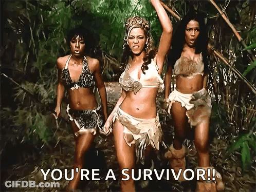 A Group Of Women Are Standing In The Woods And One Of Them Is Saying You 'Re A Survivor . GIF