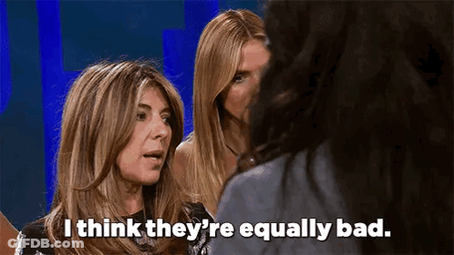 A Group Of Women Are Talking To Each Other And One Of Them Is Saying `` I Think They 'Re Equally Bad '' GIF