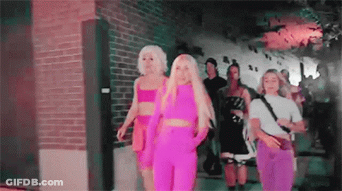 A Group Of Women Are Walking Down A Street . GIF