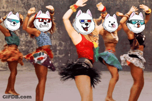 A Group Of Women Dancing With Husky Faces On Their Faces GIF