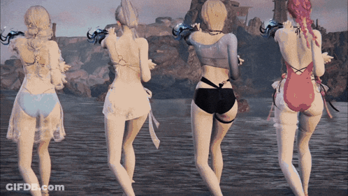 A Group Of Women In Bikinis Are Standing In The Water GIF