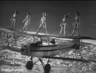 A Group Of Women In Bikinis Are Walking On Top Of A Plane . GIF