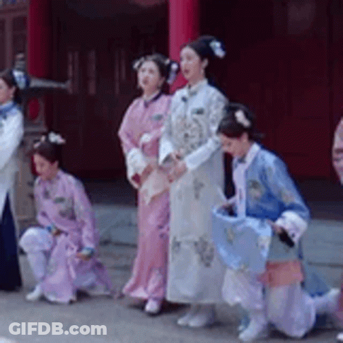 A Group Of Women In Traditional Costume Are Standing In A Line . GIF