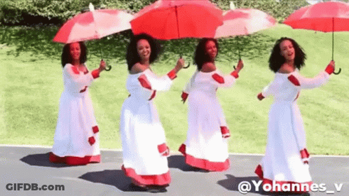 A Group Of Women In White Dresses Holding Red Umbrellas . GIF