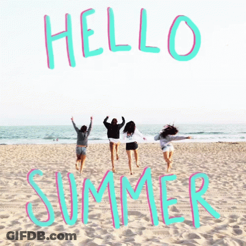A Group Of Women Jumping In The Air On A Beach With The Words Hello Summer Written Above Them GIF
