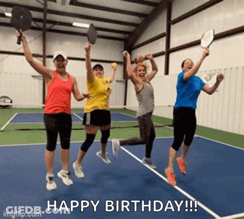 A Group Of Women Jumping In The Air On A Tennis Court With The Words Happy Birthday Written On The Bottom GIF