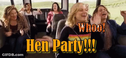 A Group Of Women On A Bus With The Words Hen Party Written On The Bottom GIF