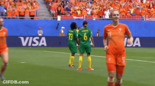 A Group Of Women Playing Soccer On A Field With A Visa Banner Behind Them GIF
