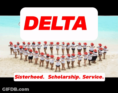 A Group Of Women Standing In A Circle On A Beach Under A Delta Logo GIF