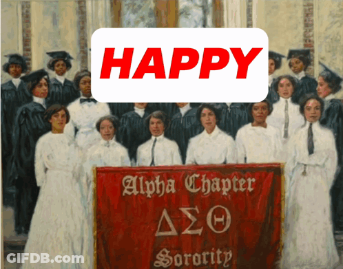 A Group Of Women Standing In Front Of A Red Banner That Says Alpha Chapter GIF