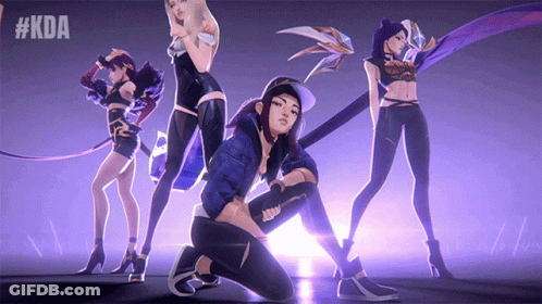 A Group Of Women Standing Next To Each Other With The Hashtag #Kda On The Bottom GIF